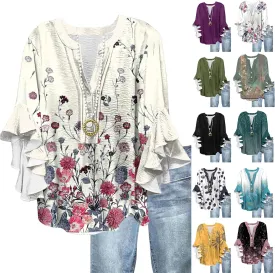 Ruffle 3/4 Length Sleeve Womens Tops,Summer Button V Neck Shirts Vintage Blouse Casual Loose Tunic Tops Graphic Tees