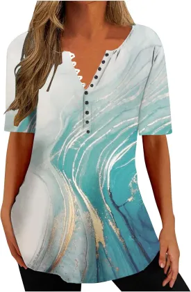 Summer Shirts for Women 2025 Plus Size Short Sleeve Henley Tops Marble Floral Loose Tshirt Tee Casual Dressy Tunics