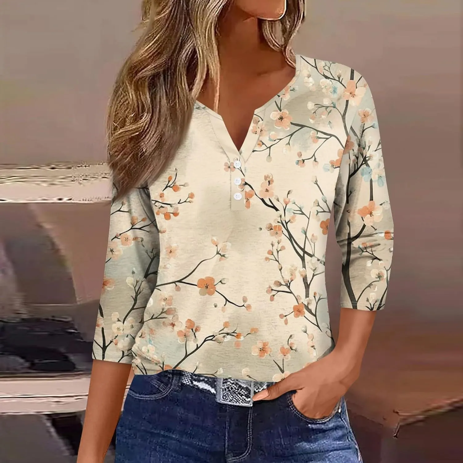Summer Tops for Women 2025 Dressy Casual Boho 3/4 Sleeve Tunics Loose Fit T Shirts Trendy V Neck Button Down Blouses