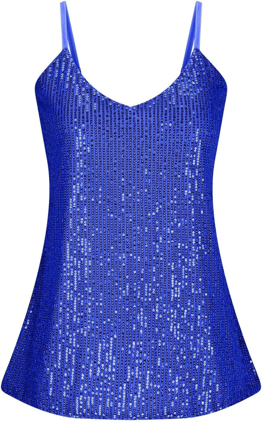 TANGNADE Women Sexy Sparkle Shimmer Cami Tank Tops Ladies Disco Sequin Camisole Blouse Sparkly Holiday Outfits