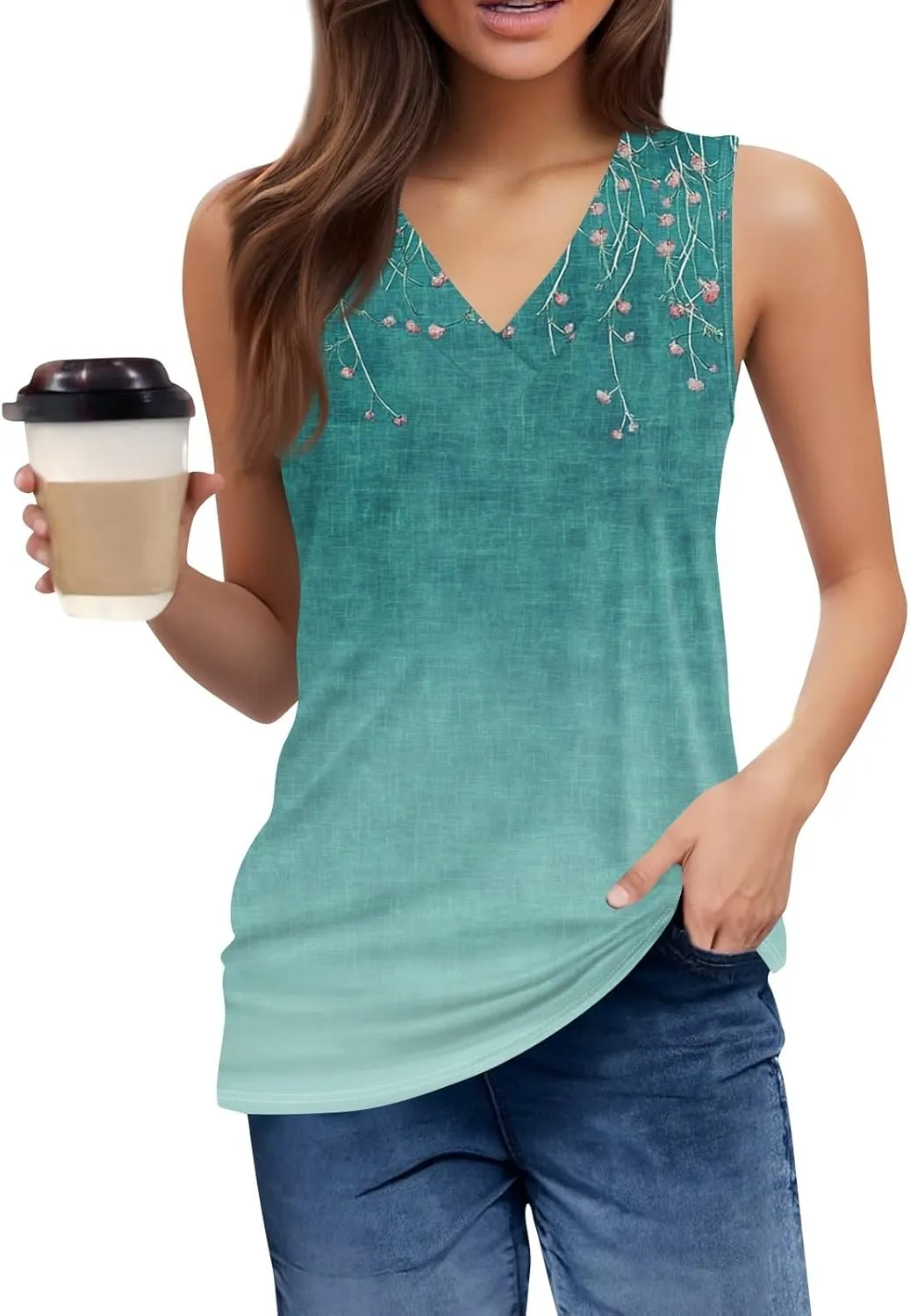 Tank Tops for Women Flowy Printed Tunic Tops V Neck Sleeveless Trendy Tank Tops Loose Fit Casual T Shirts