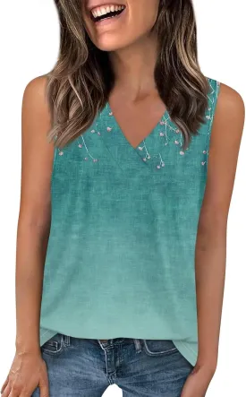 Tank Tops for Women Flowy Printed Tunic Tops V Neck Sleeveless Trendy Tank Tops Loose Fit Casual T Shirts