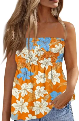 Tube Tops for Women Sleeveless Smocked Ruffled Tanks Strapless Floral Print Tube Tops Lightweight Sexy Bandeau