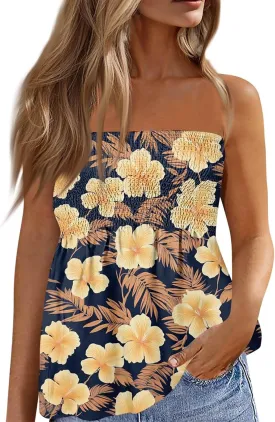 Tube Tops for Women Sleeveless Smocked Ruffled Tanks Strapless Floral Print Tube Tops Lightweight Sexy Bandeau