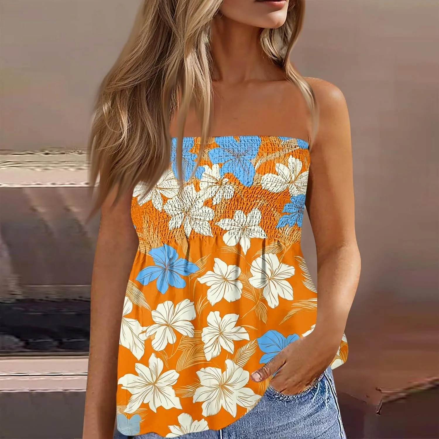 Tube Tops for Women Sleeveless Smocked Ruffled Tanks Strapless Floral Print Tube Tops Lightweight Sexy Bandeau