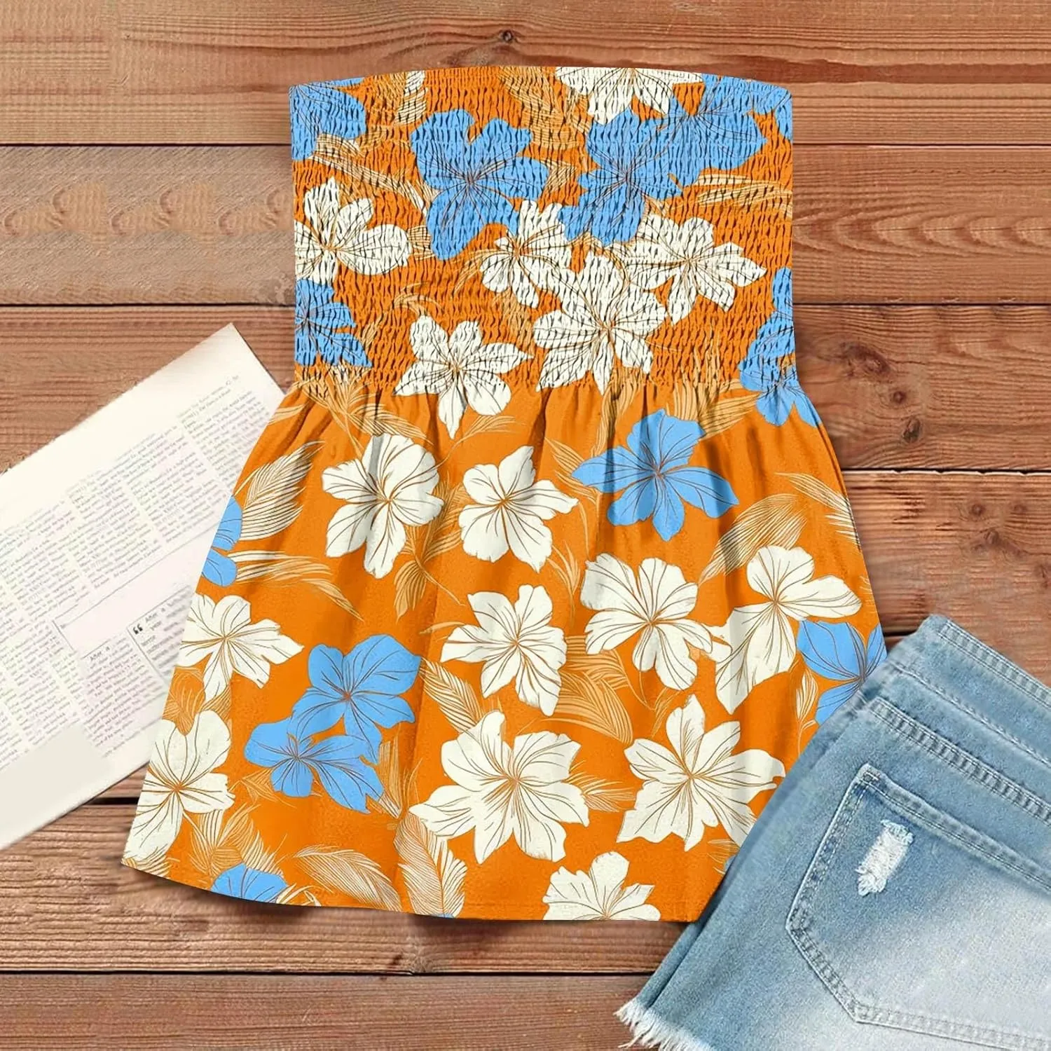 Tube Tops for Women Sleeveless Smocked Ruffled Tanks Strapless Floral Print Tube Tops Lightweight Sexy Bandeau