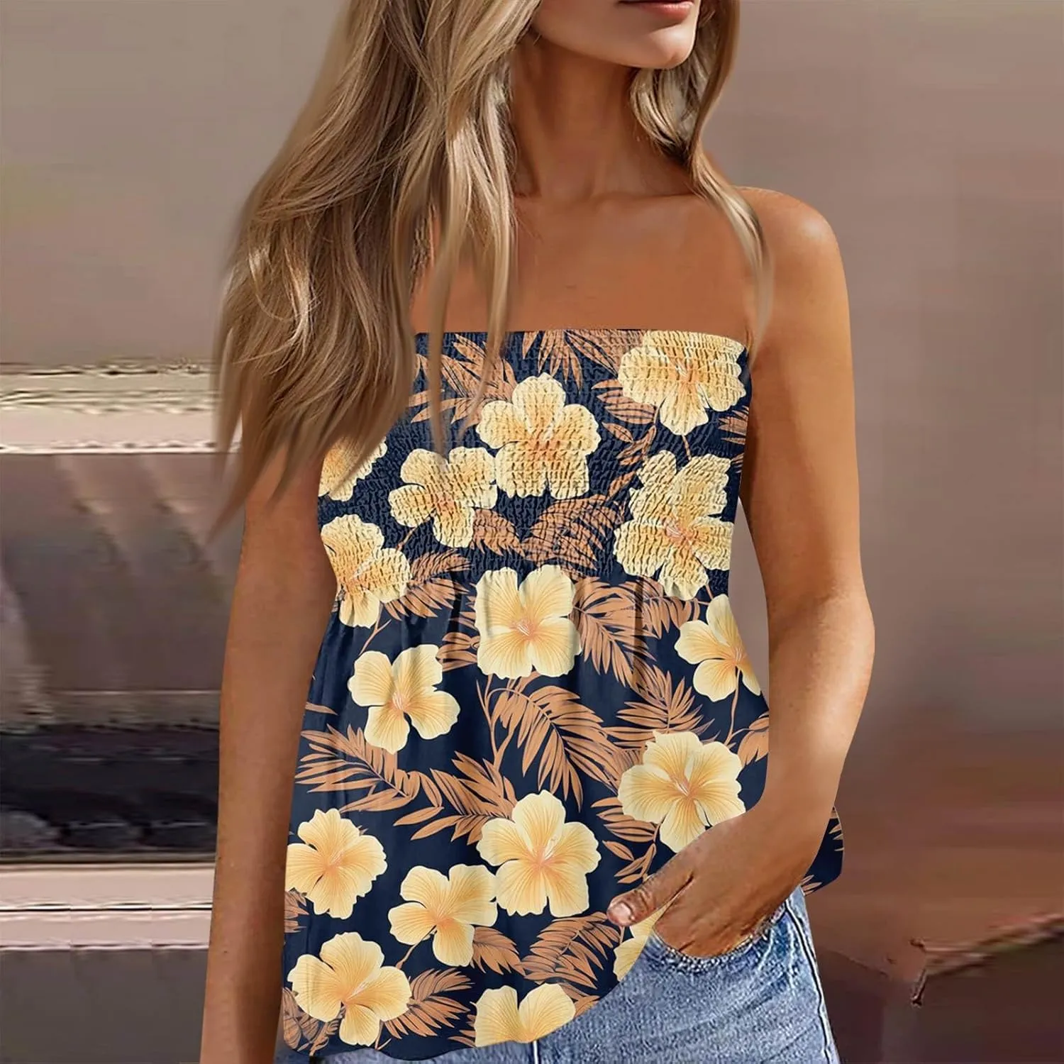 Tube Tops for Women Sleeveless Smocked Ruffled Tanks Strapless Floral Print Tube Tops Lightweight Sexy Bandeau