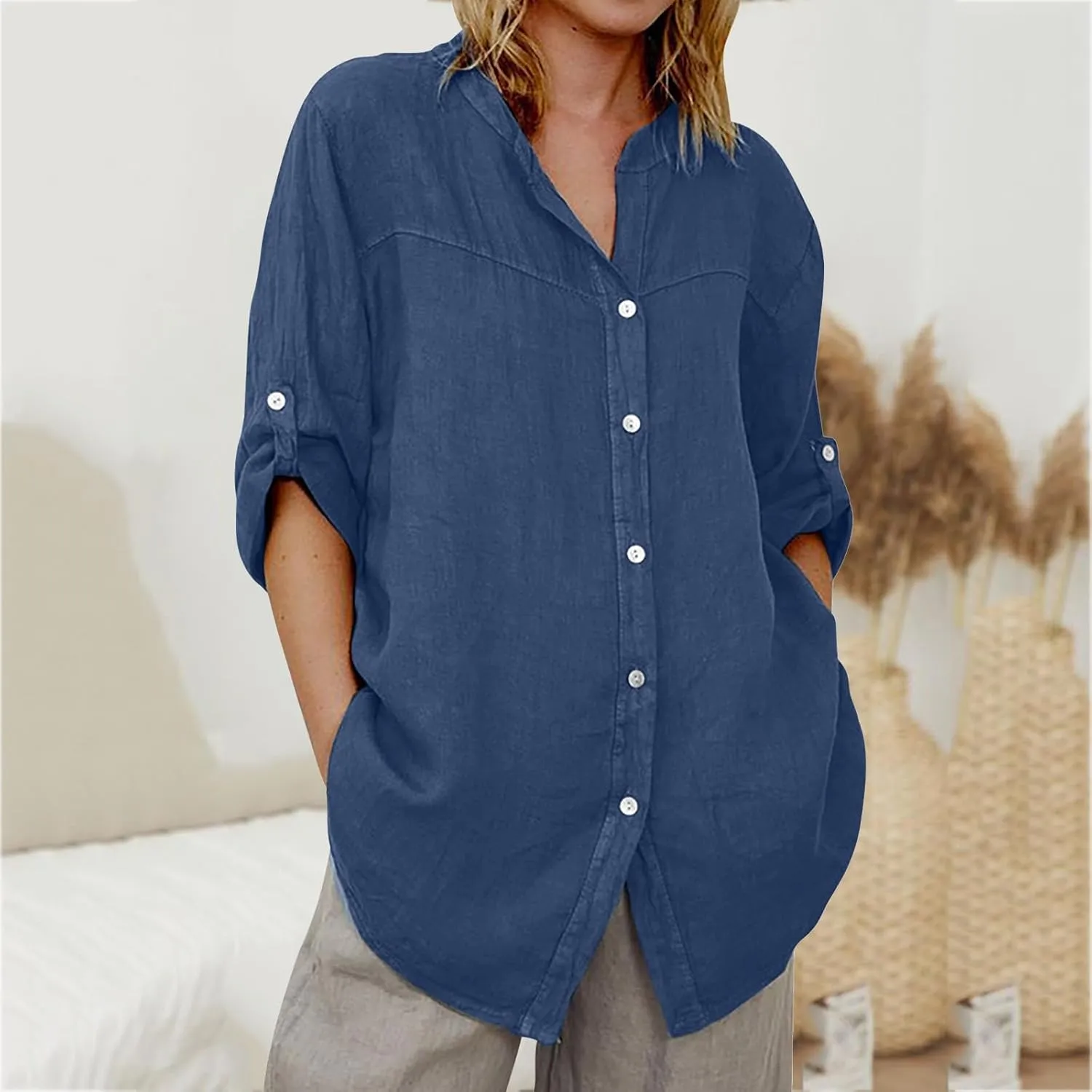 Women Denim Shirts Chambray Casual V Neck Collared Jean Western Blouses Oversized Long Sleeve Button Down Tops