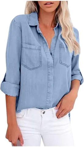 Women Denim Shirts Chambray Casual V Neck Collared Jean Western Blouses Oversized Long Sleeve Button Down Tops