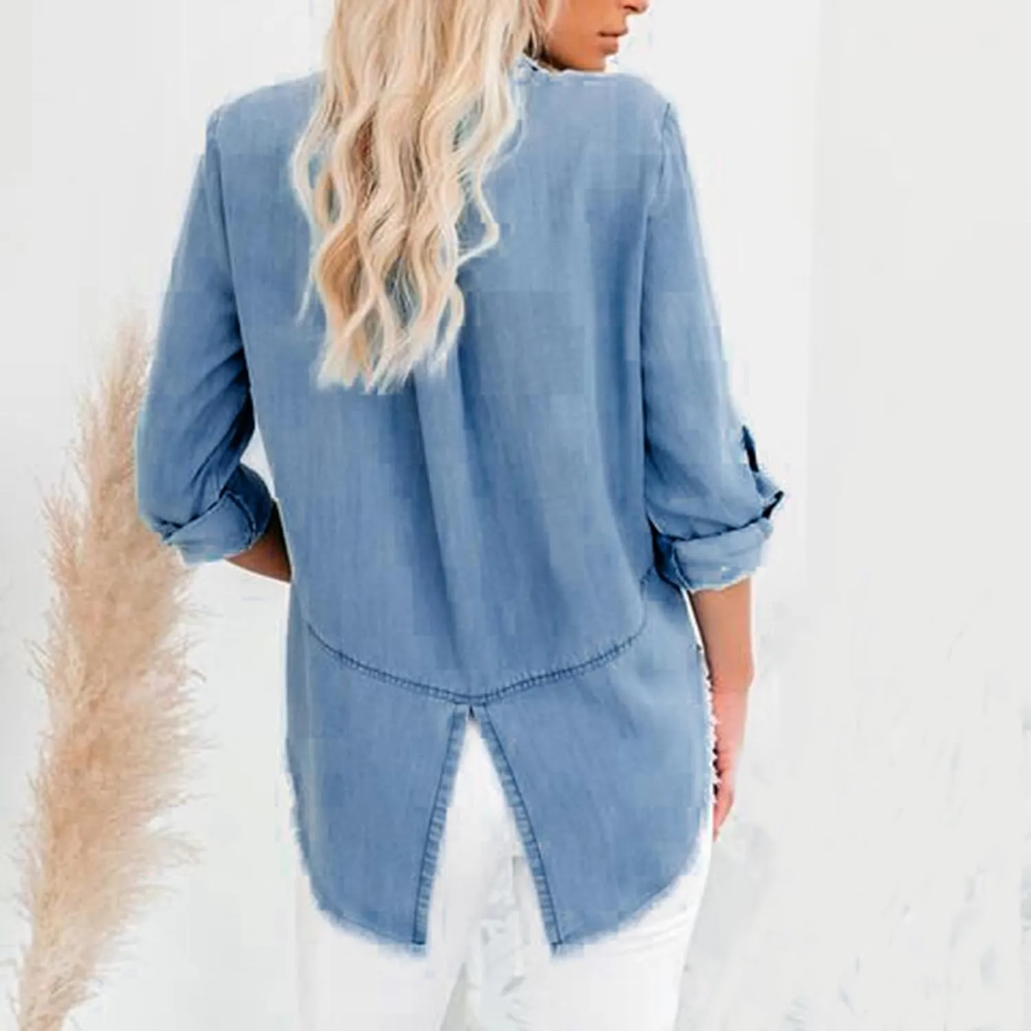 Women Denim Shirts Chambray Casual V Neck Collared Jean Western Blouses Oversized Long Sleeve Button Down Tops