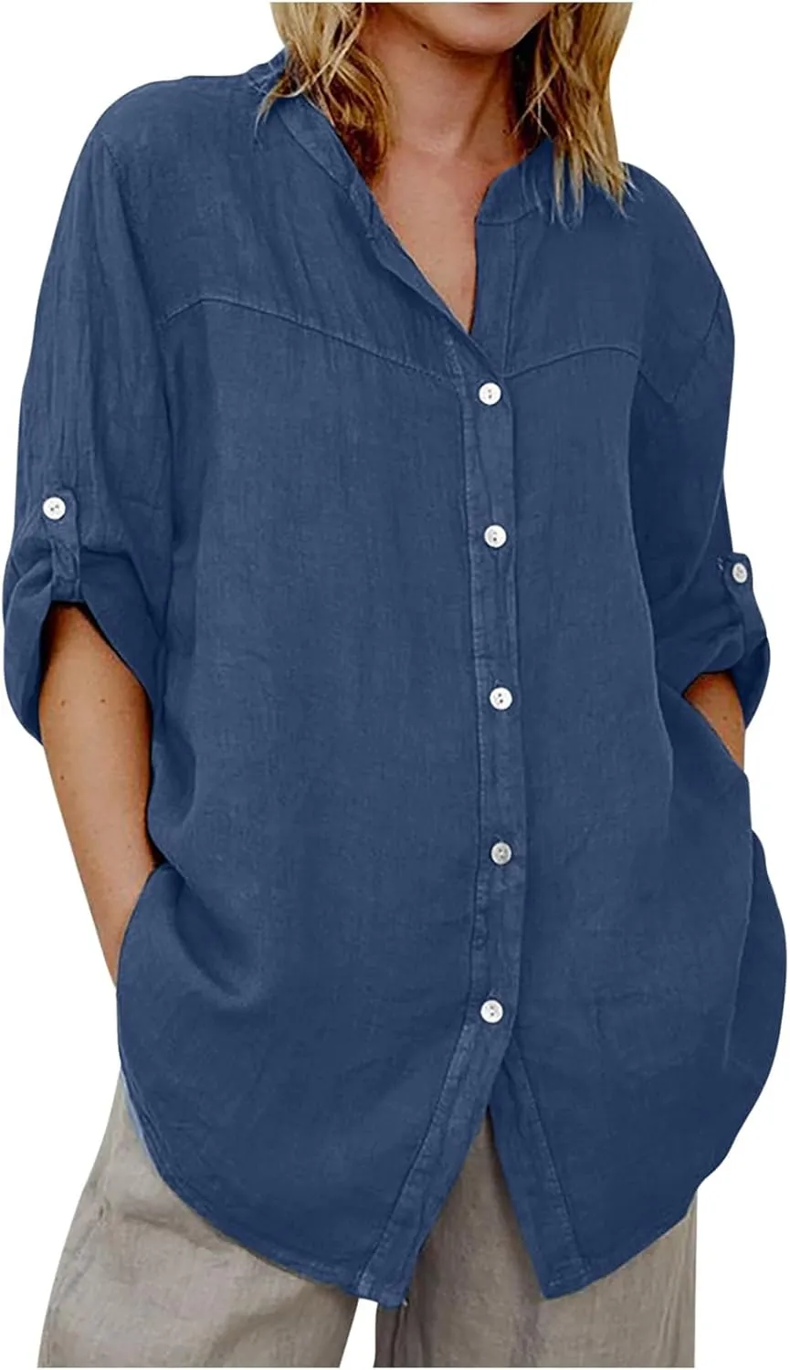 Women Denim Shirts Chambray Casual V Neck Collared Jean Western Blouses Oversized Long Sleeve Button Down Tops
