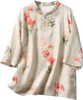 Women Half Sleeve Floral Linen Shirts Mandarin Collar Frog Button Blouse Vintage Chinese Traditional Tang Suit Tops
