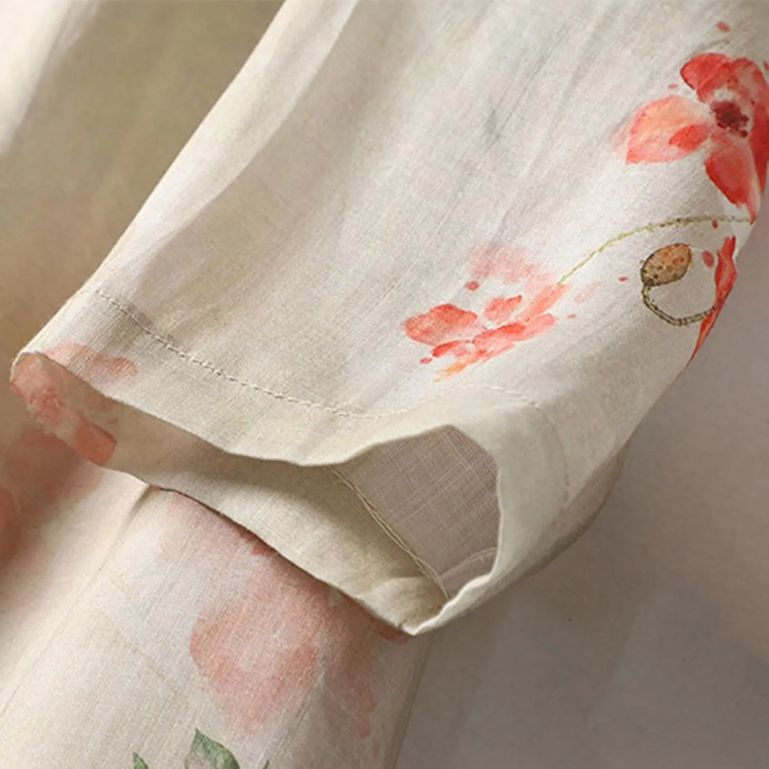 Women Half Sleeve Floral Linen Shirts Mandarin Collar Frog Button Blouse Vintage Chinese Traditional Tang Suit Tops