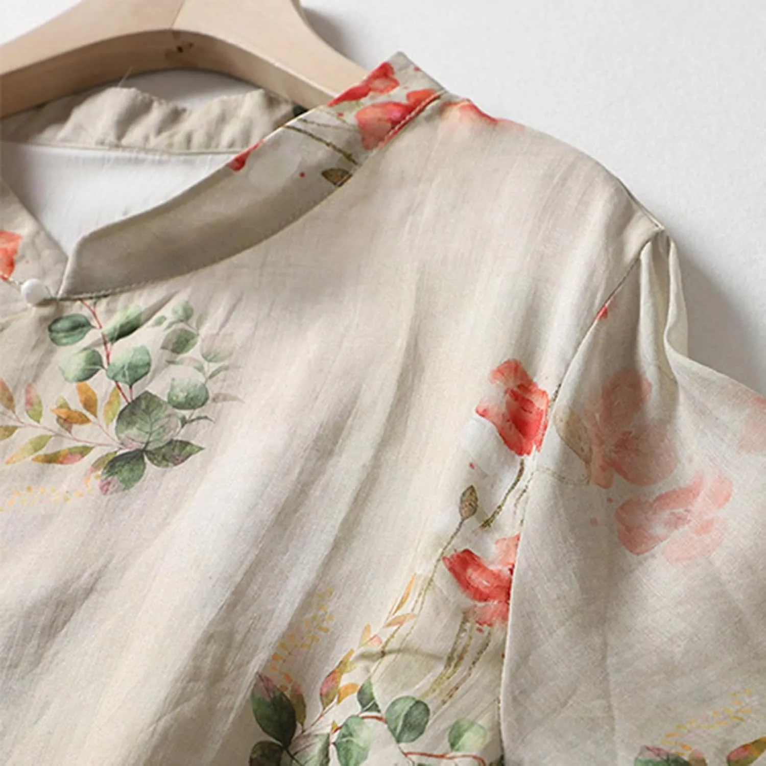 Women Half Sleeve Floral Linen Shirts Mandarin Collar Frog Button Blouse Vintage Chinese Traditional Tang Suit Tops