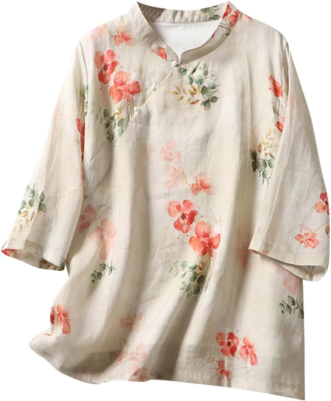 Women Half Sleeve Floral Linen Shirts Mandarin Collar Frog Button Blouse Vintage Chinese Traditional Tang Suit Tops