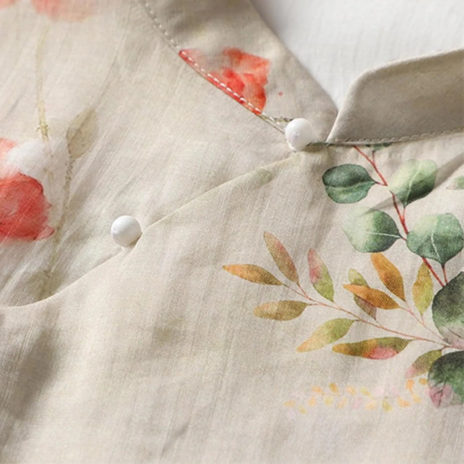 Women Half Sleeve Floral Linen Shirts Mandarin Collar Frog Button Blouse Vintage Chinese Traditional Tang Suit Tops