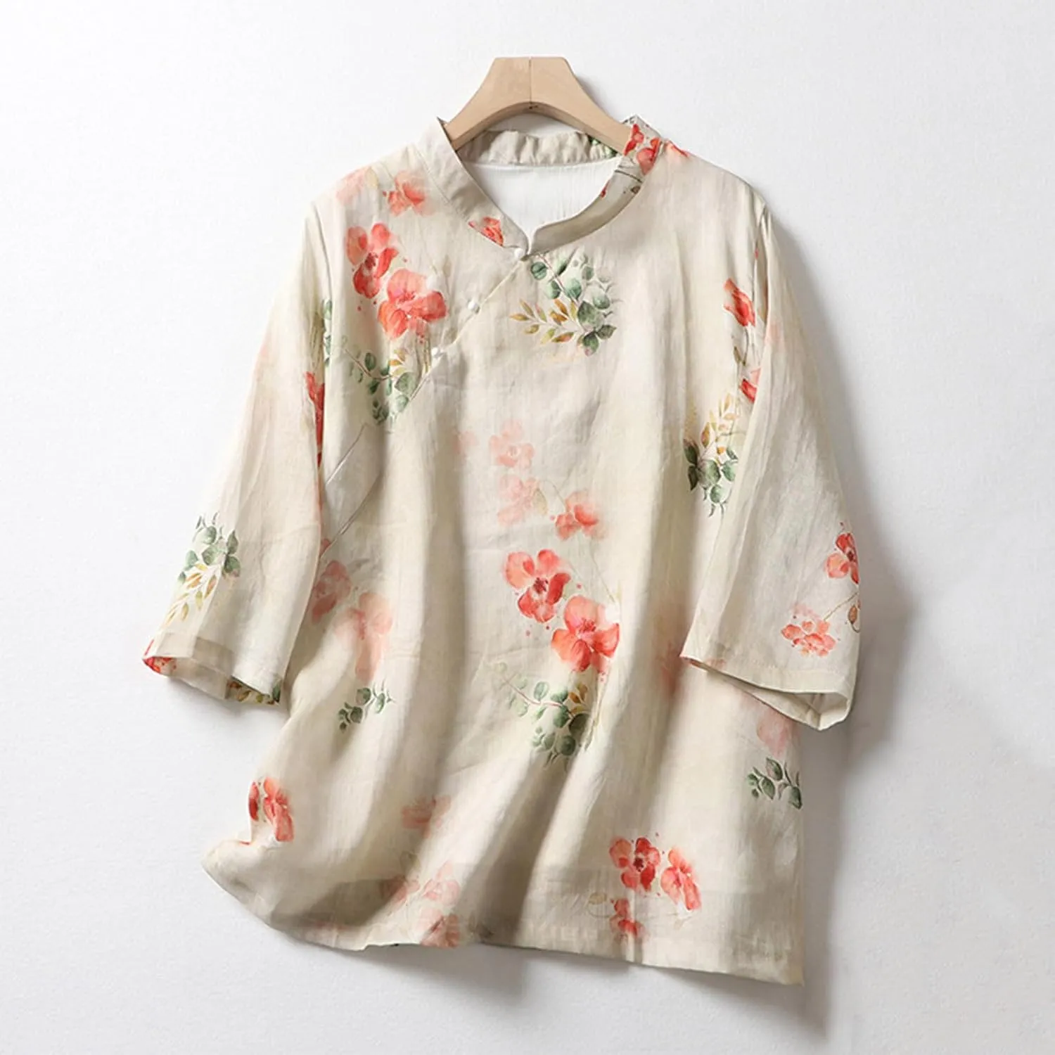Women Half Sleeve Floral Linen Shirts Mandarin Collar Frog Button Blouse Vintage Chinese Traditional Tang Suit Tops