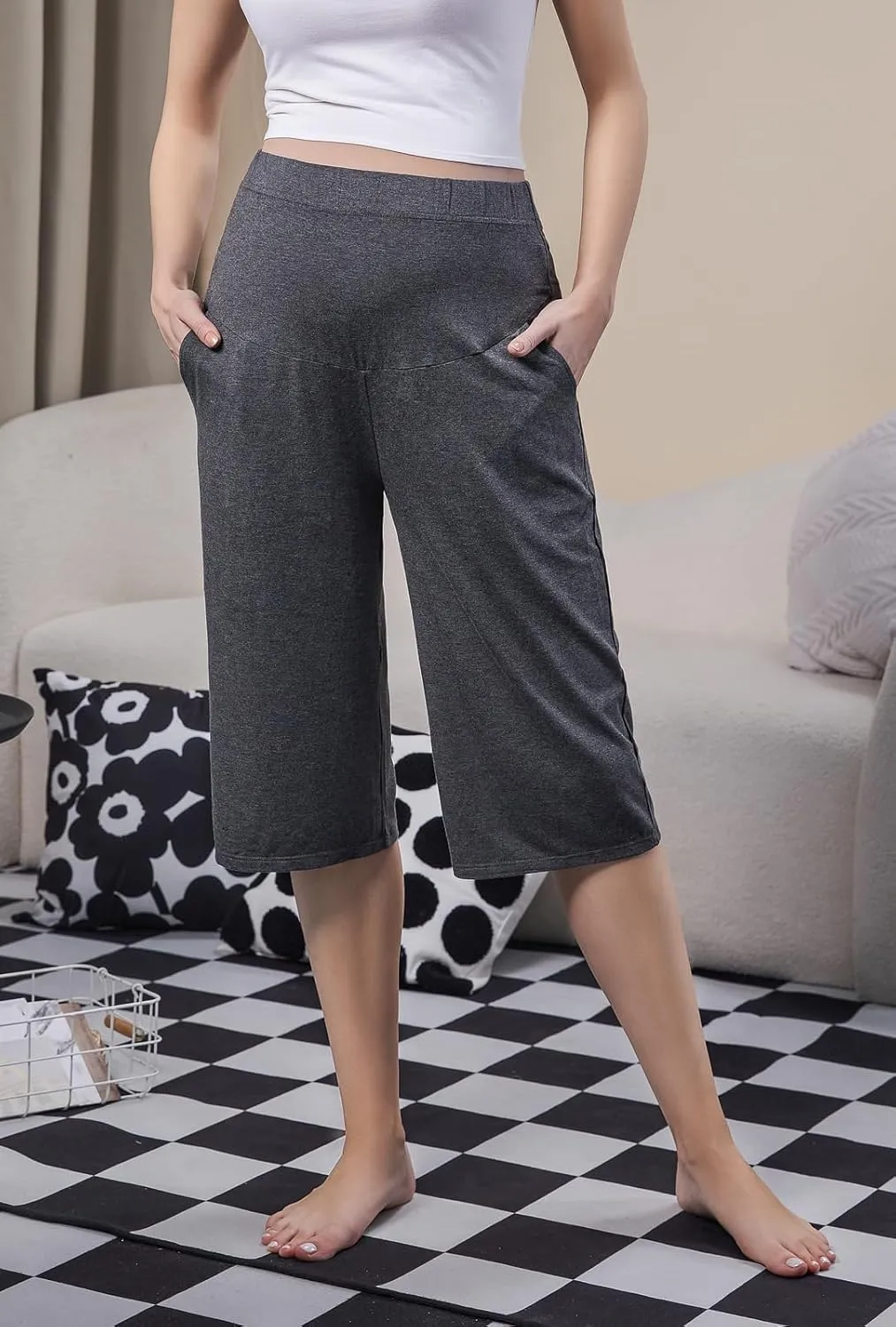 Women Maternity Capris Pregnancy Pants Soft Joggers Lounge Bottoms with Pockets