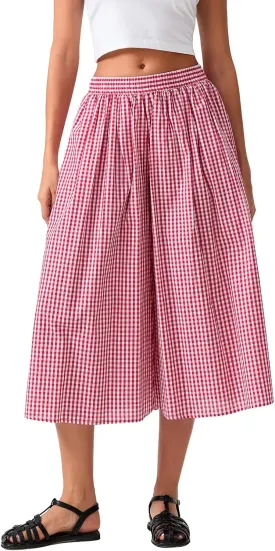 Women Plaid Wide Leg Culotte Pants Gingham High Elastic Waisted Capri Bottoms Casual Loose Cropped Trousers