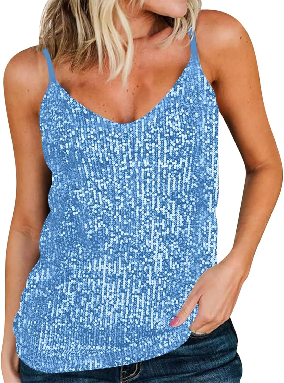 Women Sexy Sequin Tank Tops Spring Summer Fashion Sparkly Sleeveless Shirts Party Glitter Scoop Neck Tops Going Out