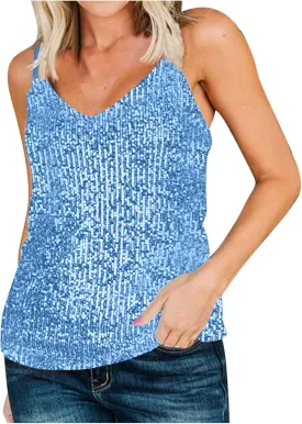 Women Sexy Sequin Tank Tops Spring Summer Fashion Sparkly Sleeveless Shirts Party Glitter Scoop Neck Tops Going Out