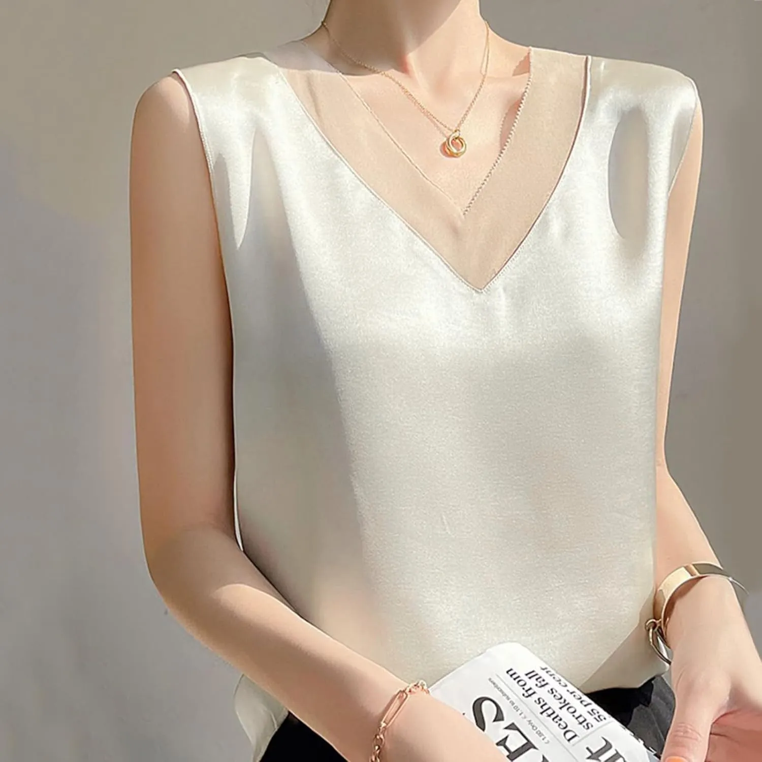 Women Tank Tops Basic Cami Tops Shirt Racerback Blouses Women's Camisole Glossy Satin Sleeveless V Neck Lace Toggle