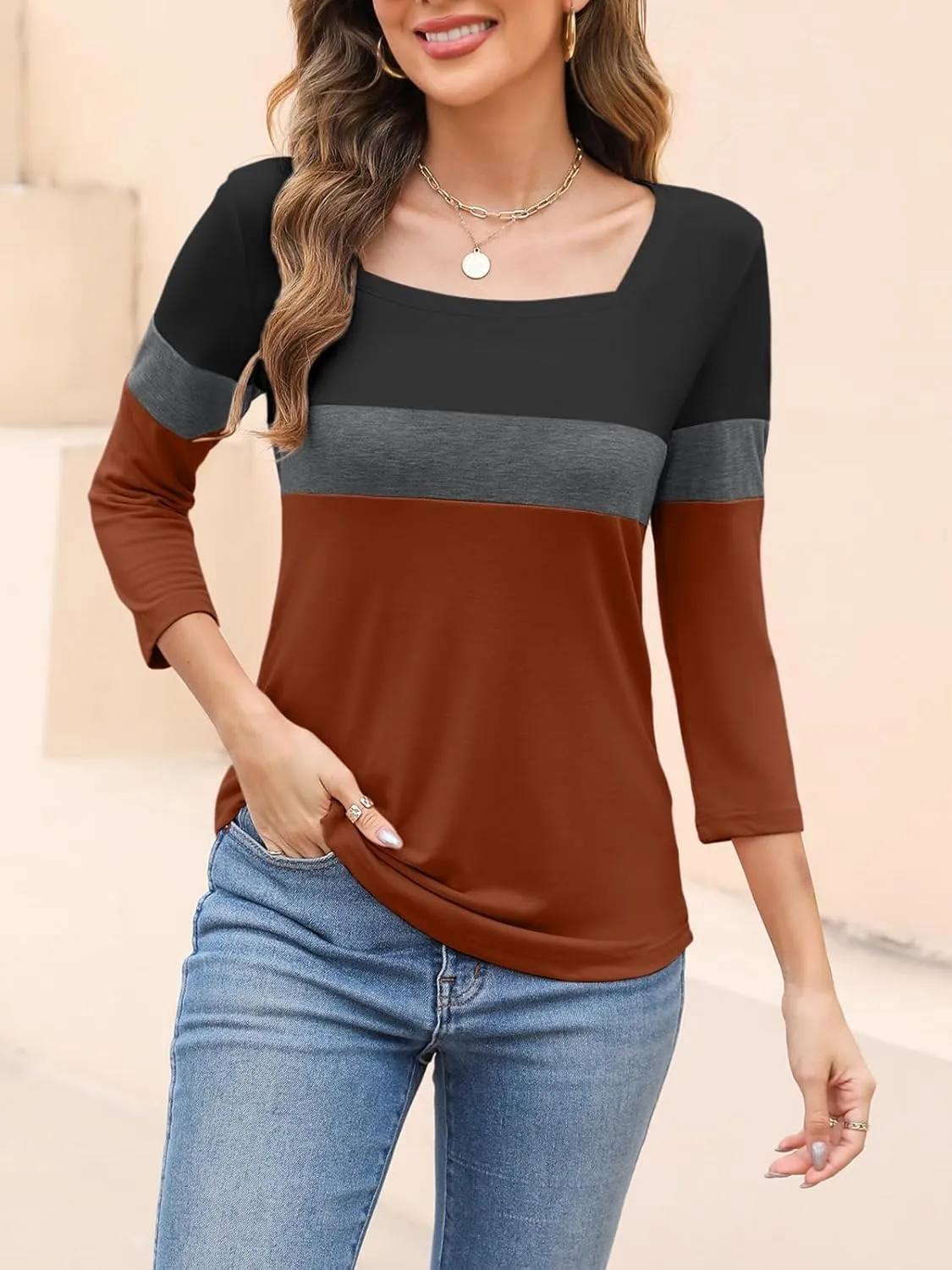 Womens 3/4 Sleeve Square Neck Tops Casual Summer Tops Trendy Womens T Shirts Ladies Tops
