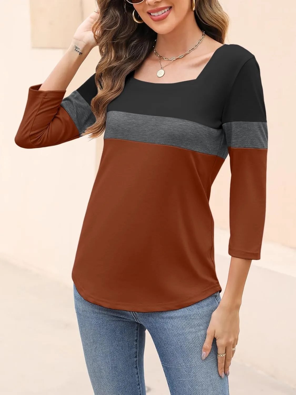 Womens 3/4 Sleeve Square Neck Tops Casual Summer Tops Trendy Womens T Shirts Ladies Tops