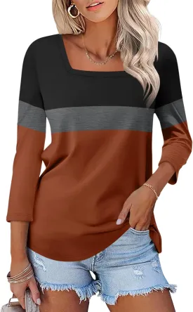 Womens 3/4 Sleeve Square Neck Tops Casual Summer Tops Trendy Womens T Shirts Ladies Tops