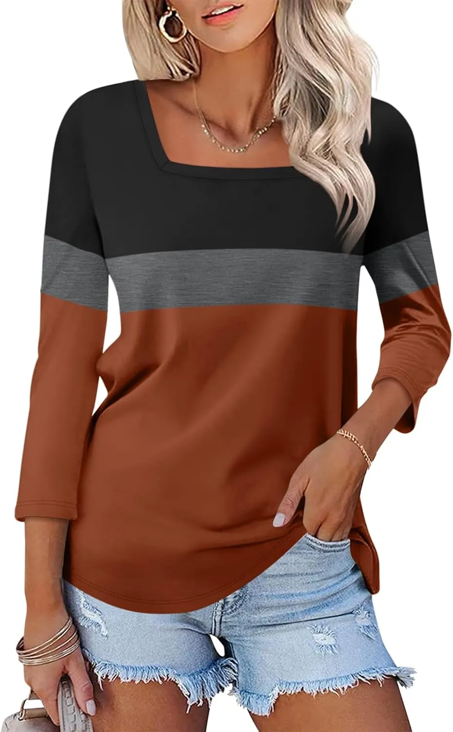 Womens 3/4 Sleeve Square Neck Tops Casual Summer Tops Trendy Womens T Shirts Ladies Tops