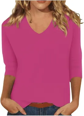 Women's 3/4 Sleeve Tops Trendy Summer 2025 Solid Color V Neck T-Shirts Workout Slim Tunic Blouse Casual Vacation Outfit
