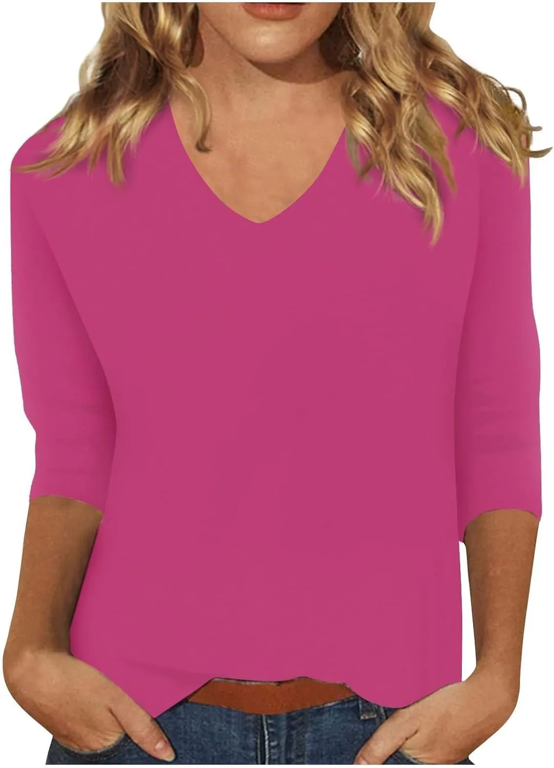 Women's 3/4 Sleeve Tops Trendy Summer 2025 Solid Color V Neck T-Shirts Workout Slim Tunic Blouse Casual Vacation Outfit