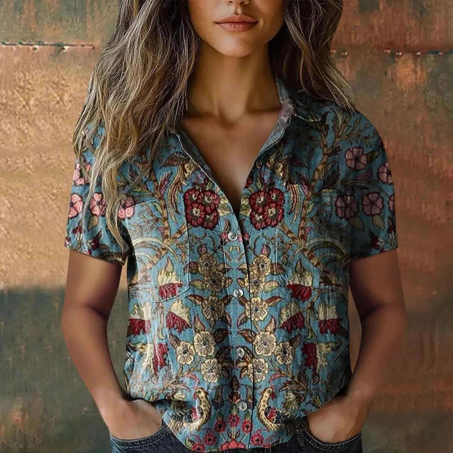 Womens Button Down Linen Shirt Boho Floral Print Shirt Casual Short Sleeve with Pockets V Neck Collared Tops Fashion 2025