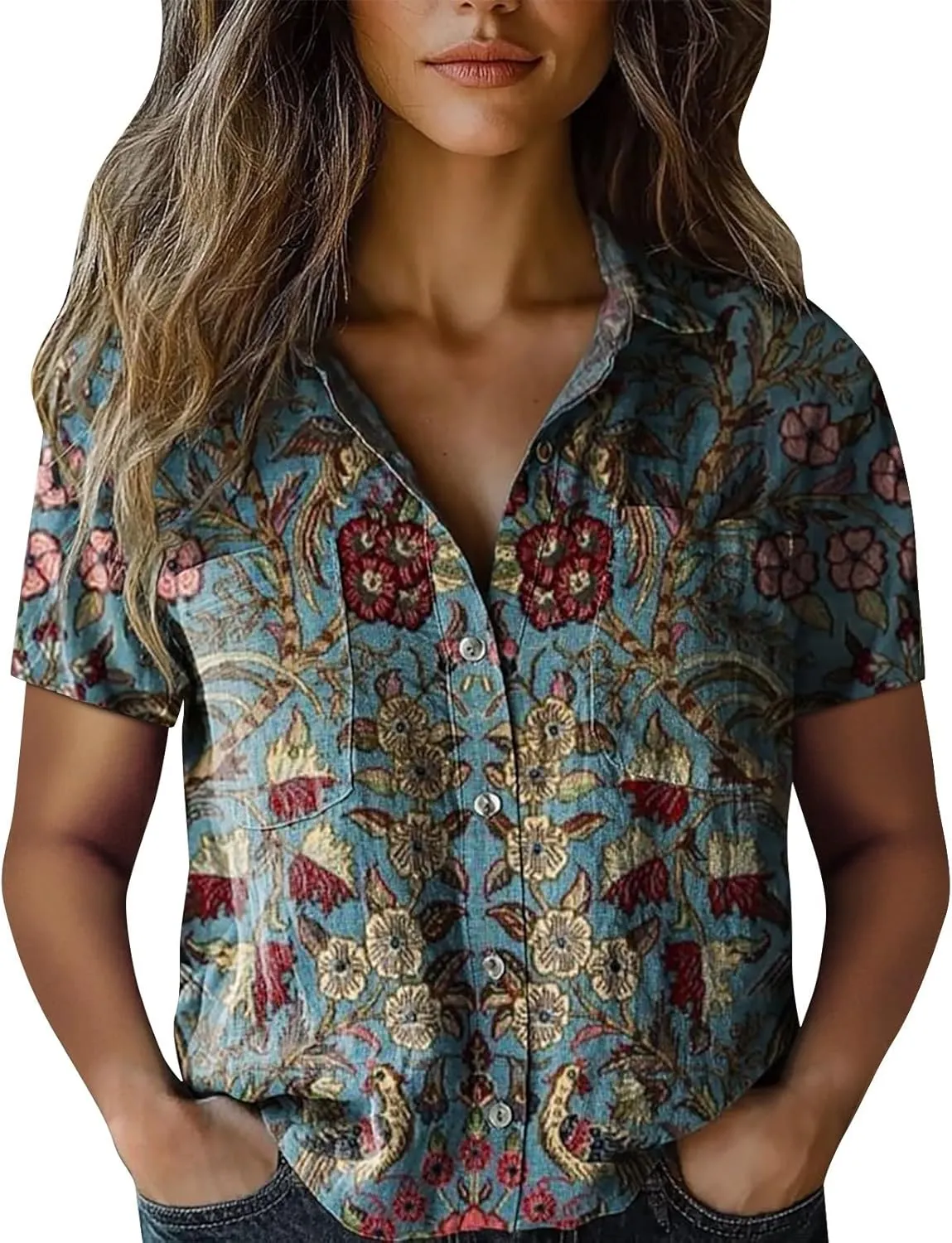 Womens Button Down Linen Shirt Boho Floral Print Shirt Casual Short Sleeve with Pockets V Neck Collared Tops Fashion 2025