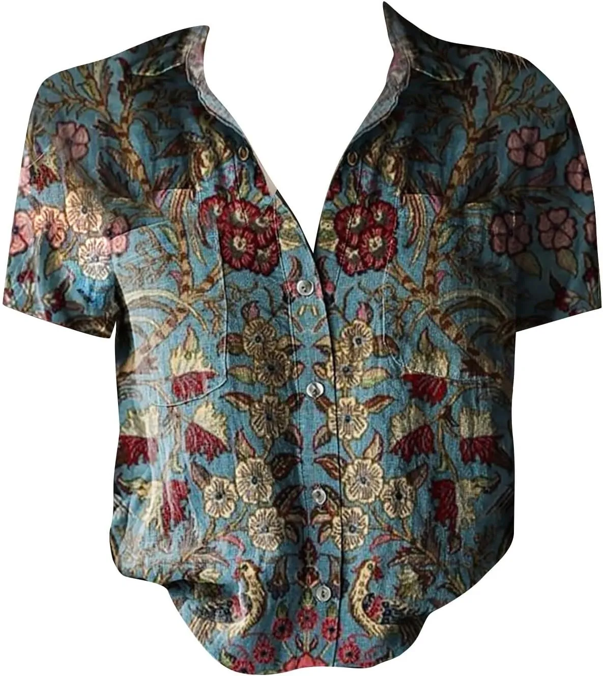 Womens Button Down Linen Shirt Boho Floral Print Shirt Casual Short Sleeve with Pockets V Neck Collared Tops Fashion 2025