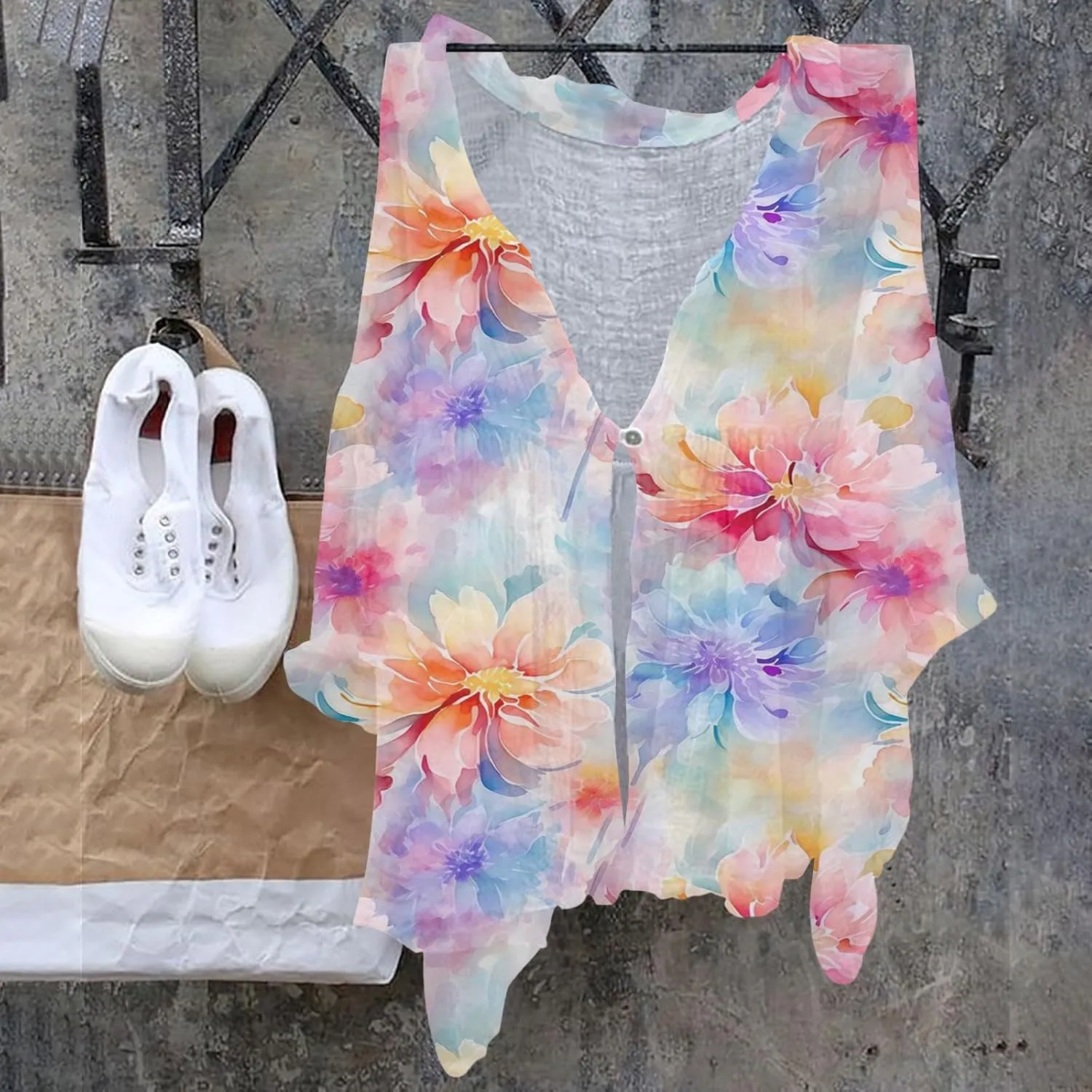 Womens Casual Button V Neck Women's Floral Butterfly Print Natural Autumn Fragrant Shirts Loose Work Tops