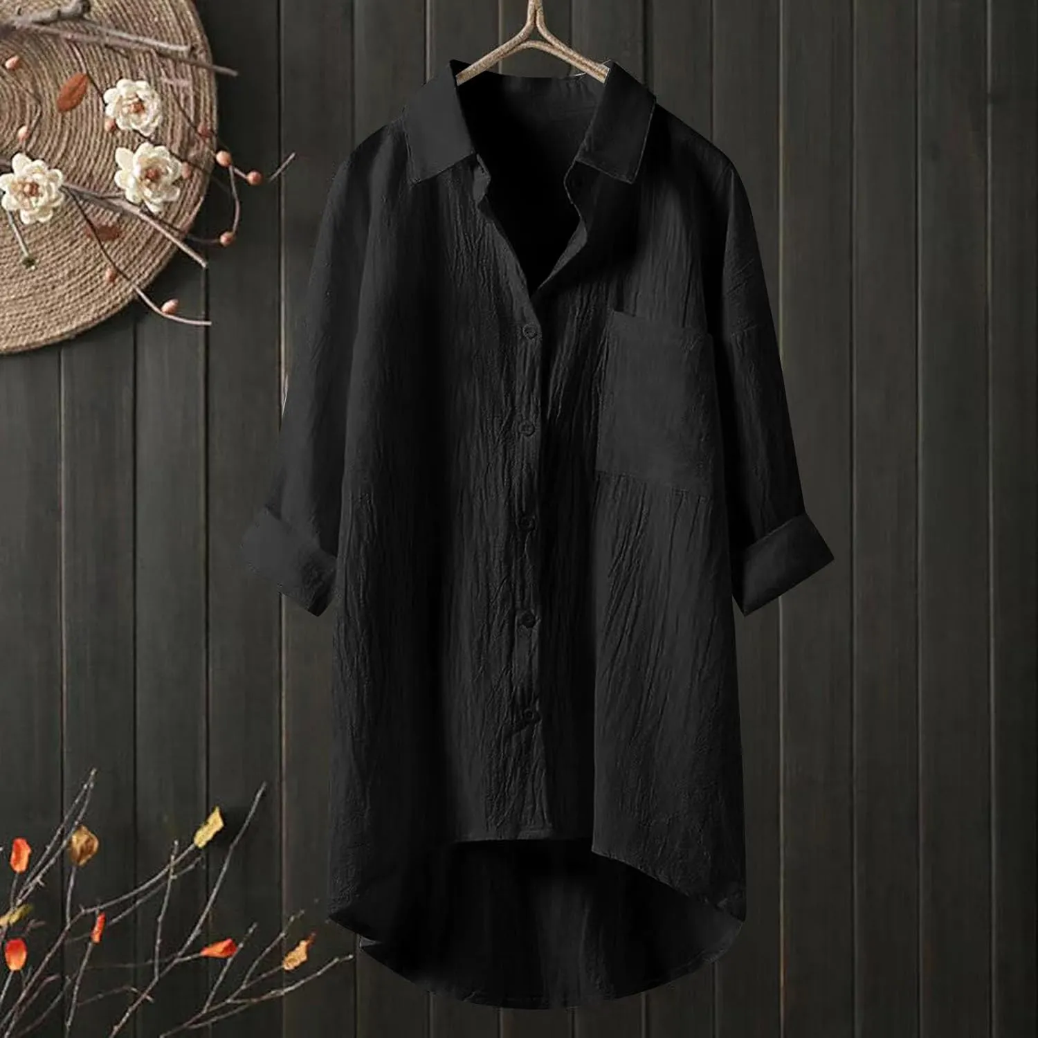 Womens Cotton Linen Button Down Flowy Shirts Long Sleeve V Neck Elegant High Low Loose Tops Plain Oversize Blouse