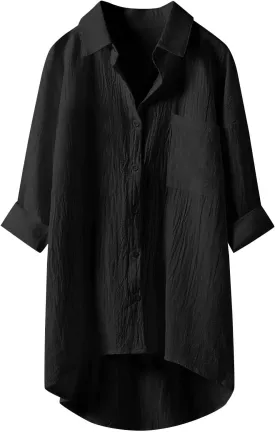 Womens Cotton Linen Button Down Flowy Shirts Long Sleeve V Neck Elegant High Low Loose Tops Plain Oversize Blouse