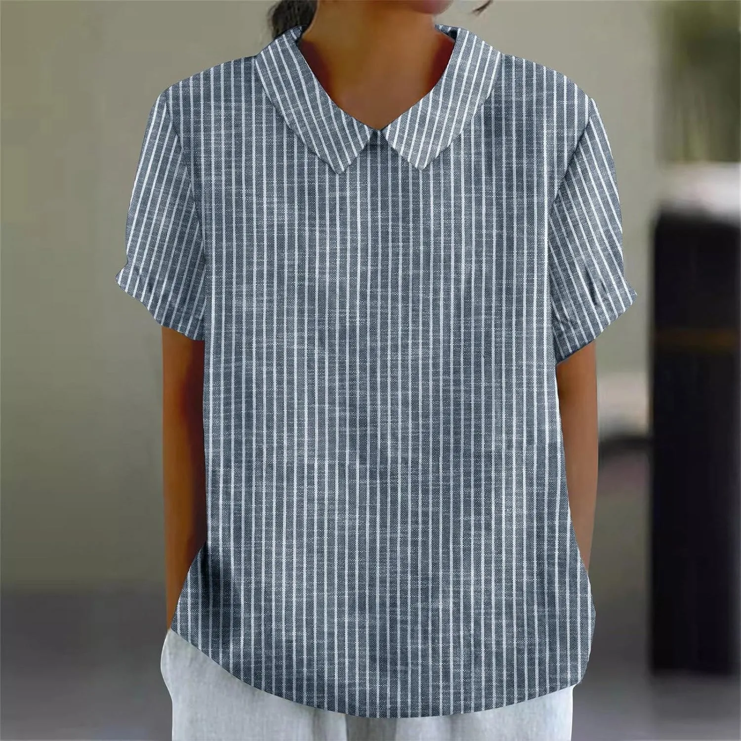 Womens Cotton Linen Tops Fashion Striped Printed Lightweight Loose T-Shirts Short Sleeves Turndown Collar Tee Shirts
