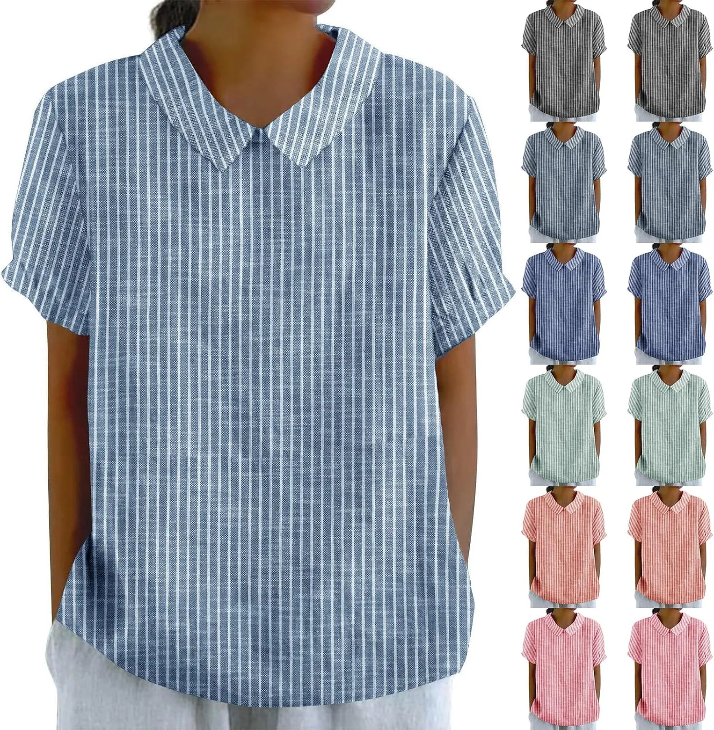 Womens Cotton Linen Tops Fashion Striped Printed Lightweight Loose T-Shirts Short Sleeves Turndown Collar Tee Shirts