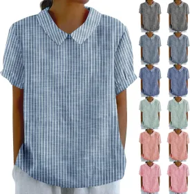 Womens Cotton Linen Tops Fashion Striped Printed Lightweight Loose T-Shirts Short Sleeves Turndown Collar Tee Shirts