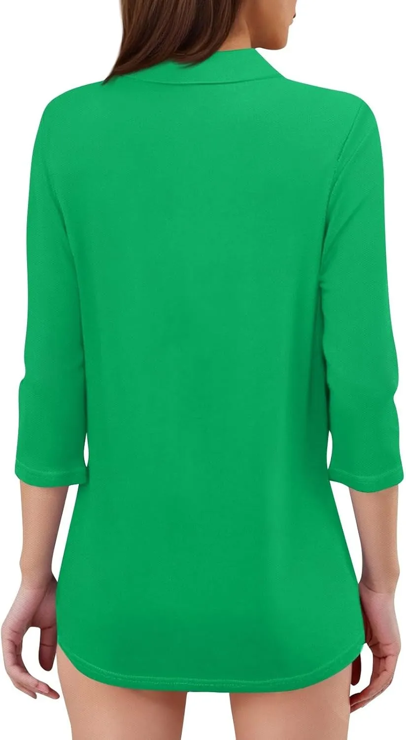 Women's Fashion Shirt Collared 3/4 Length Sleeve Solid Color Blouse Summer 2025 V Neck Polo Business Work Tops