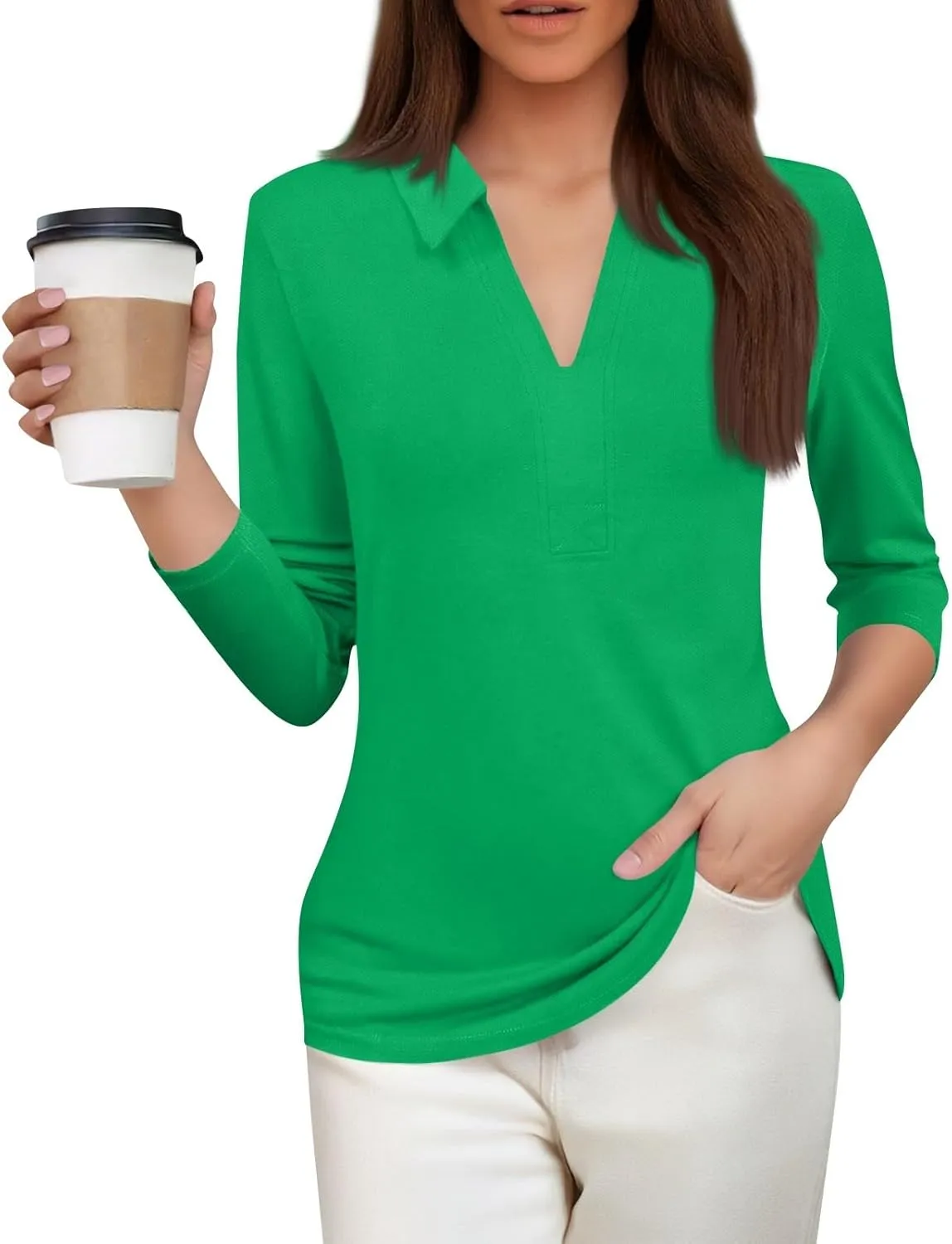 Women's Fashion Shirt Collared 3/4 Length Sleeve Solid Color Blouse Summer 2025 V Neck Polo Business Work Tops