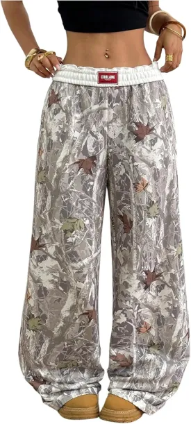 Women's Letter Leopard Print Straight Leg Pants Elastic Waist Y2K Trousers Bottoms with Pockets