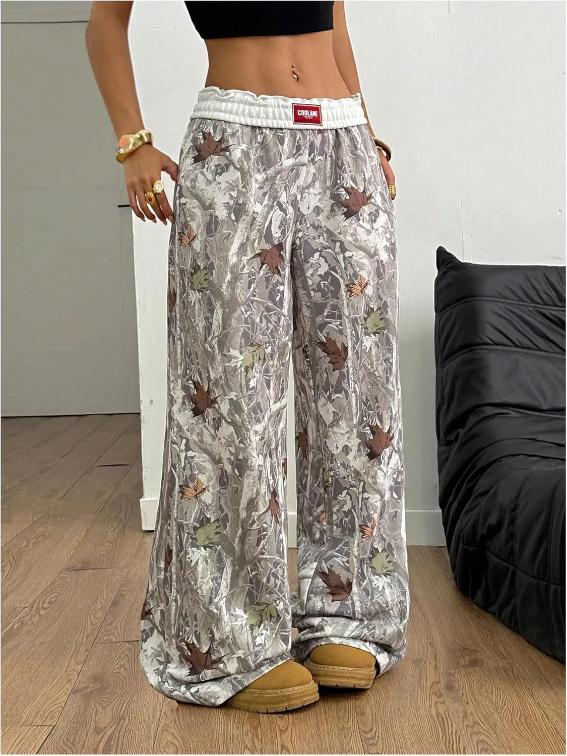Women's Letter Leopard Print Straight Leg Pants Elastic Waist Y2K Trousers Bottoms with Pockets