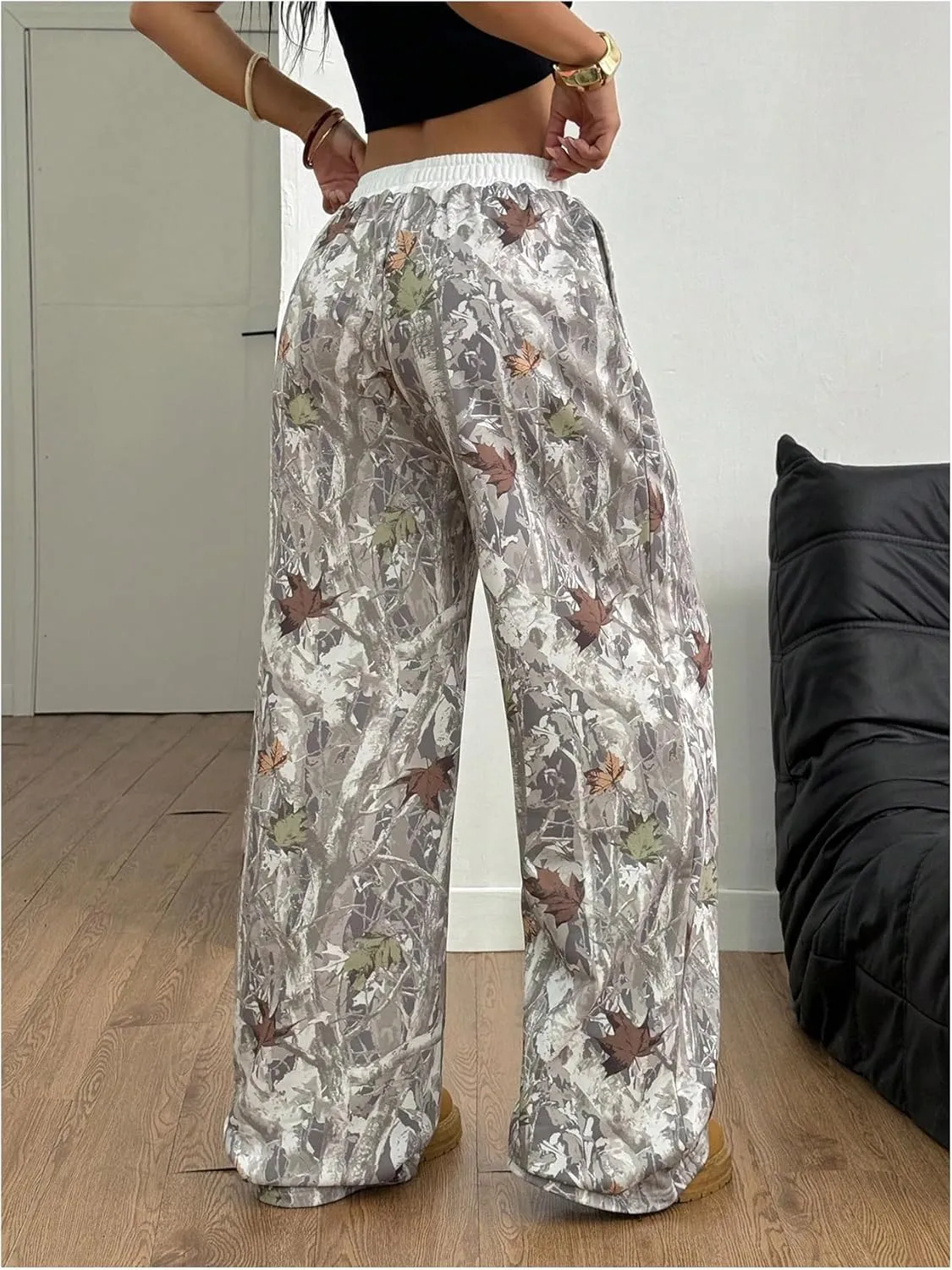 Women's Letter Leopard Print Straight Leg Pants Elastic Waist Y2K Trousers Bottoms with Pockets