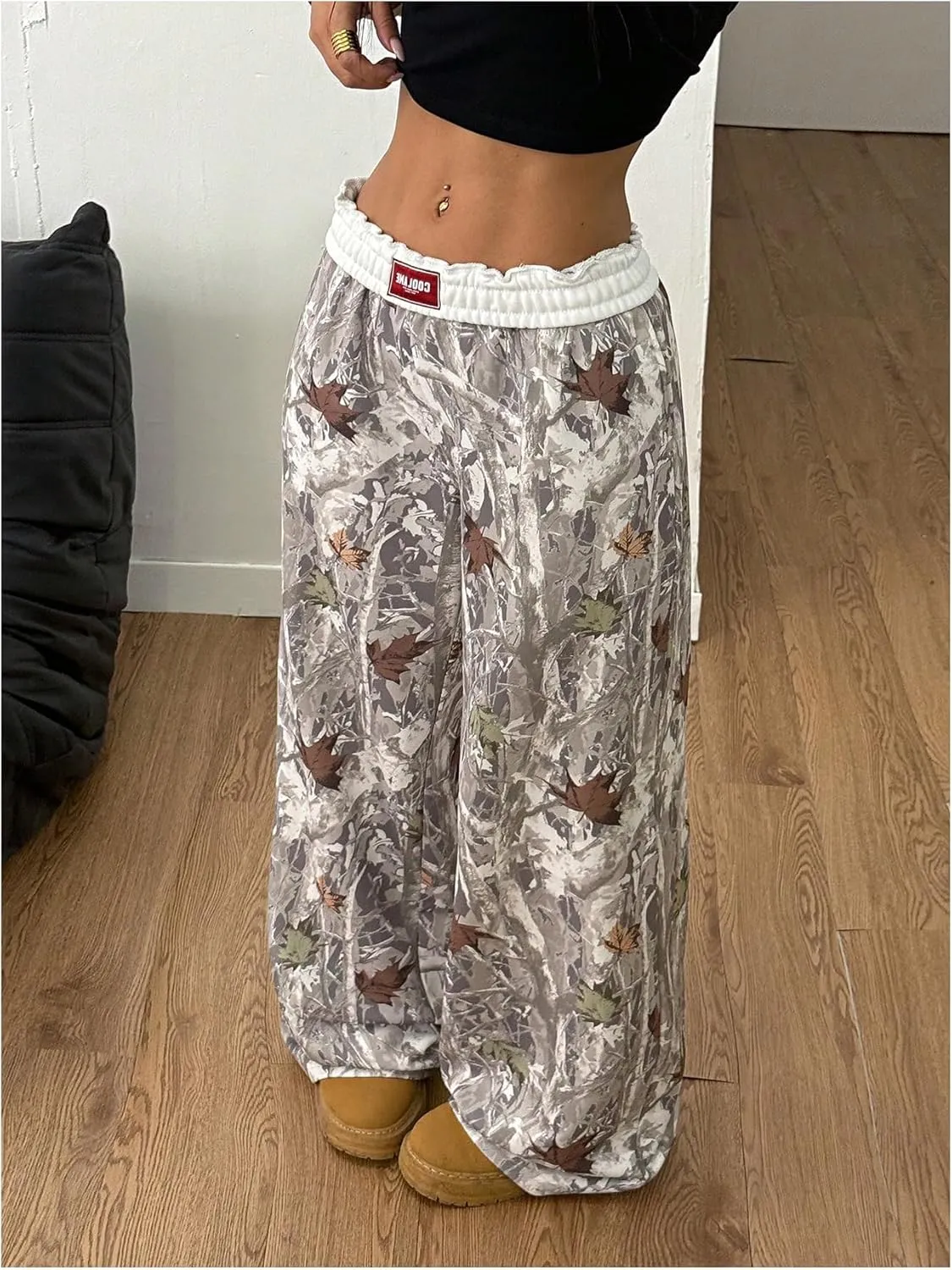 Women's Letter Leopard Print Straight Leg Pants Elastic Waist Y2K Trousers Bottoms with Pockets