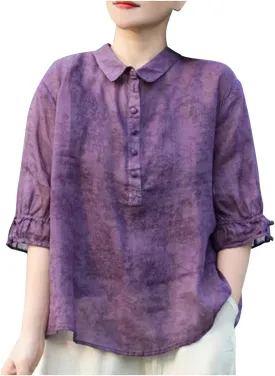 Womens Plus Size Tops Turndown Collar Button Up Half Sleeves Vintage T-Shirts Solid Color Lightweight Outdoor Tees