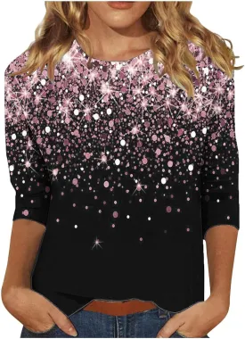 Women's Sequin Tops 3/4 Sleeves Glitter Dressy Blouses Round Neck Sparkly Tops for Party, Evening, Cocktail
