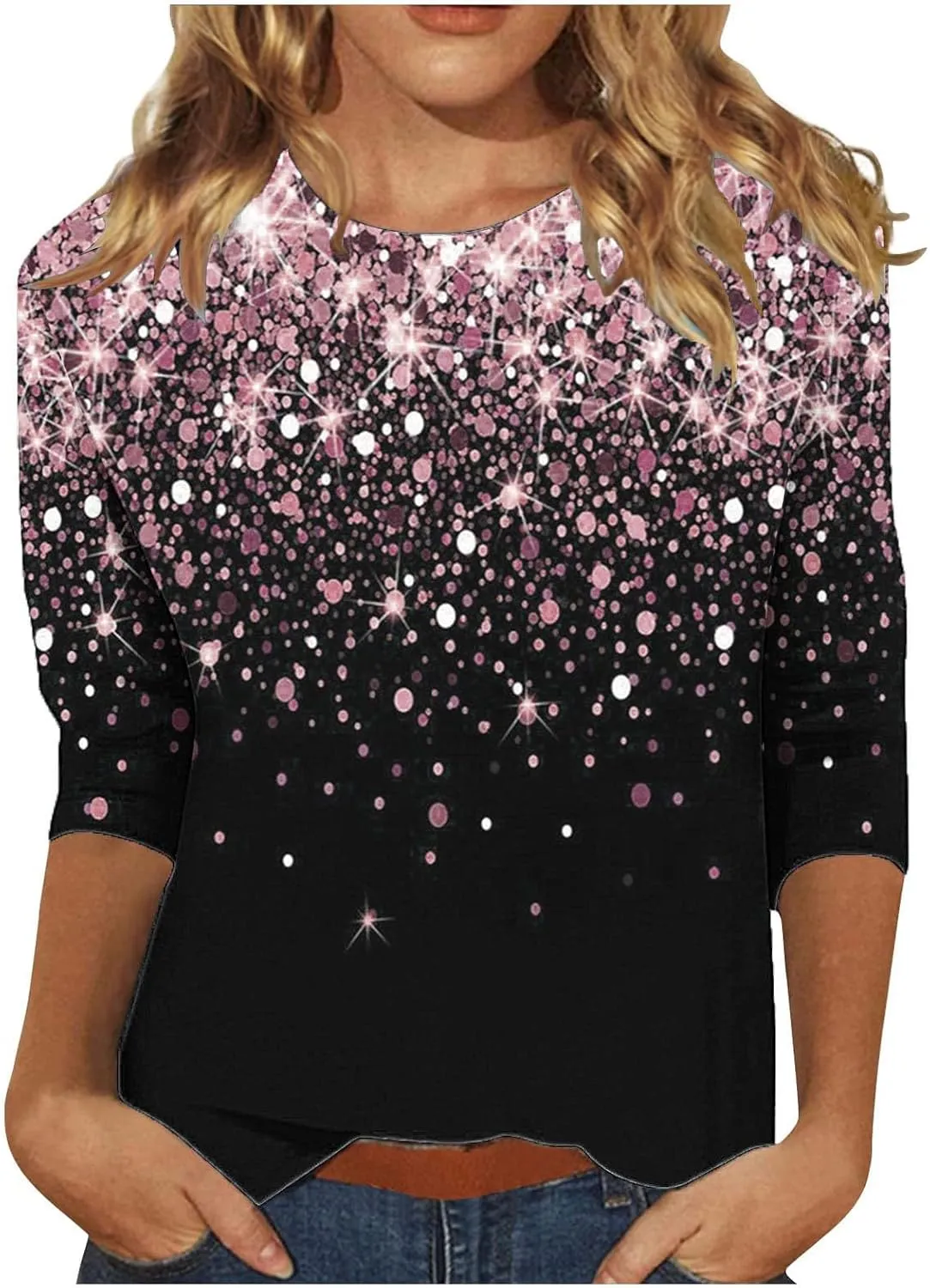 Women's Sequin Tops 3/4 Sleeves Glitter Dressy Blouses Round Neck Sparkly Tops for Party, Evening, Cocktail